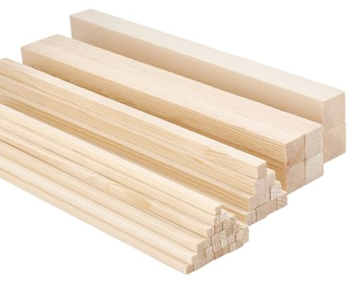 PH PandaHall 46pcs 4 Sizes Wood Square Dowel Rods Wooden Strip Solid Wood Stock 30cm Wooden Slats for Crafts Unfinished Sticks Trim for Woodworking Crafting Arts Home Decor Model Making