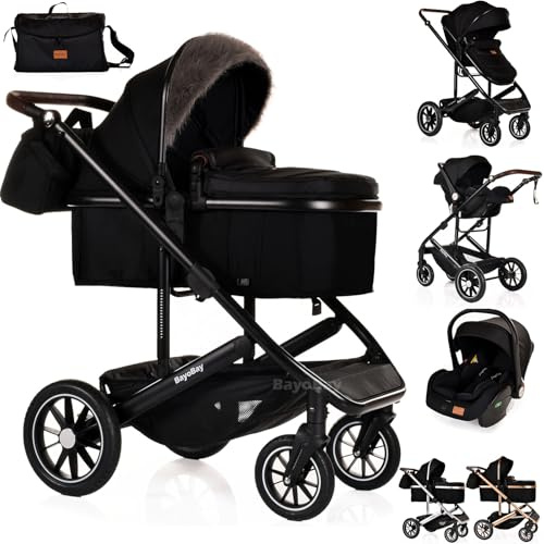3 in 1 Travel System Baby Pram Buggy with Car Seat Pushchair Carriage Child Lightweight Folding Stroller for Newborns Toddlers from Birth up to 22kg New 2025 Style (BB1 - Black - Black, BB1)