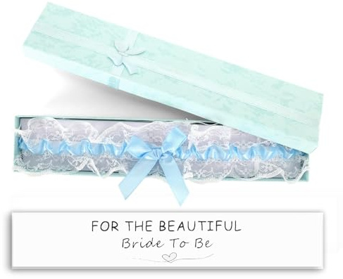 Kaempe Blue Garters for Brides, Wedding Garters for Brides Wedding Gift with Greeting Card and Box Bow Lace Stretchable Bridal Gift Accessories for Party, Engagement, Bridal Shower (Light Blue)