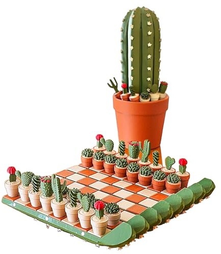 Cactus Chess Set for Adults & Kids, 32 Unique 3D-Printed Cactus Pieces with Roll-Up Mat & Planter Storage Box – Portable Travel Chess Board, Novelty Succulent Decor, Ideal Gift for Plant Lovers