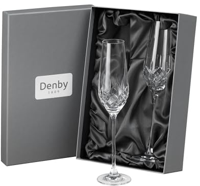 Denby - Celeste Crystal Champagne Flutes Set of 2-230ml Lead-Free, Hand Cut Design, Elegant & Premium Prosecco, Champagne Glasses - Dishwasher Safe & Durable Glassware - with Gift Box