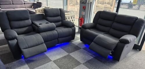 3+2 Electric Recliner Sofa Set, Grey Fabric, LED Ambient Lighting, Cup Holders, USB Ports, Modern Home Cinema Seating