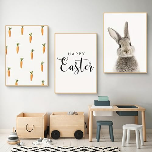 3-teiliges Ostern Poster Set,Osterhase & Tulpen Karotte Motiv Bilder für Kinderzimmer, Leinwandbilder Wandbilder Wohnzimmer, Ohne Rahmen für Ostern Wohnzimmer/Kinderzimmer Dekoratio (B,40x50cm)