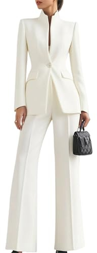 Womens 2 Piece Business Suit Mock Neck Single Button Slim Blazer Wide Leg Pants Set for Work Office Business Casual