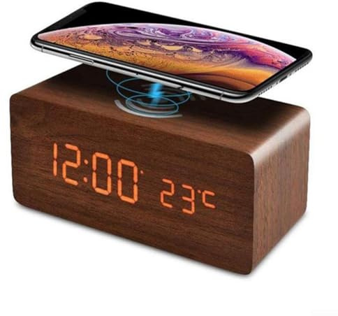 Wooden Digital Alarm Clock with Wireless Charging Compatible Smartphone Charger Modern Bedside Clock with LED Display for Home Office Nightstand(brown)