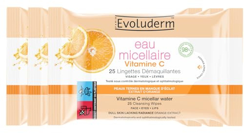 EVOLUDERM - 25 Lingettes Démaquillantes Eau Micellaire Vitamine C - 98% d'Ingrédients d'Origine Naturelle - Végan - Lot de 3 x 25 Lingettes