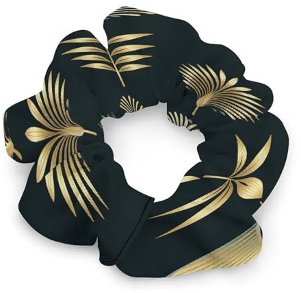 Chiffon Golden Palm Leaves Scrunchies for Women Elastic Ponytail Holders Pain-Free Hair Accessories Fashion Hair Bands Soft Stylish Scrunchy Hair Ties Ropes for All Hair Types