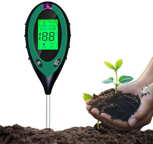 4 in 1 Bodenmessgerät, pH Messgerät Erde, Boden Feuchtigkeitsmessgerät Pflanzen, Digitales Bodentest Messgerät mit PH/Temperatur/Feuchtigkeit/Licht für Gartenarbeit, Landwirtschaft, Outdoor Pflanzen