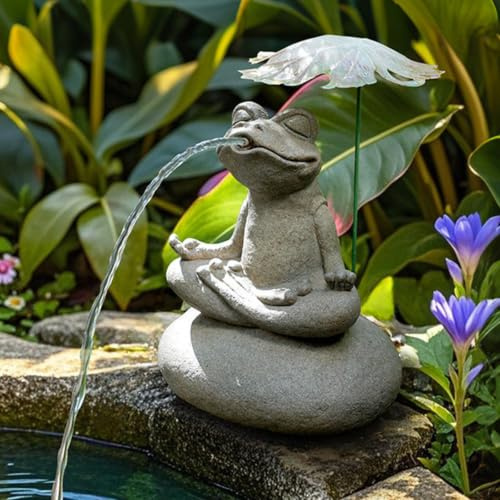 Artificial Stone Frog Water Spitter Animal Pond Fountains Includes Water Pump Outdoor Water Feature Statue Ponds Water Garden Decor(Sitting Frog)
