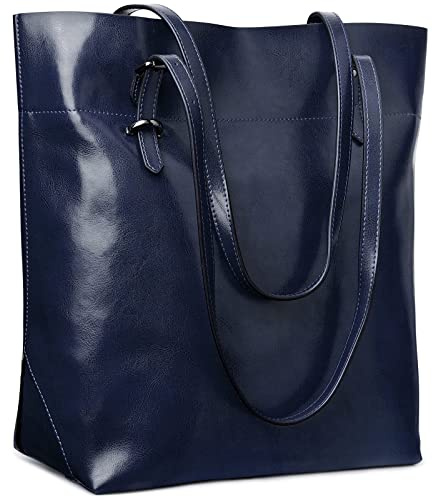 S-ZONE Vintage Genuine Split Leather Tote Shoulder Bag Handbag Big Large Capacity (Dark Blue)