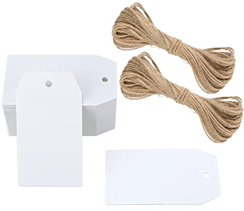 G2PLUS 100Stk Geschenkanhänger Kraftpapier Anhänger Etiketten Tags 4x7CM Anhänger Etiketten mit Jute-Schnur für Handmade,Hochzeit Geschenk Weihnachten- Weiß