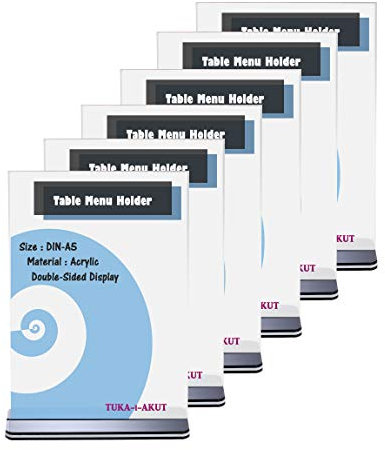 TUKA 6x A5 Menu Soporte Doble Cara, Forma de T con Base, Soportes de Sobremesa para Carteles, Menús, Promociones, Porta Carteles. T Expositor de Mesa, Acrílico Transparente, Vertical, TKD8205-A5-6x