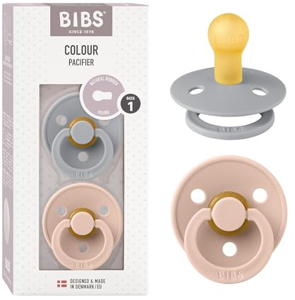 BIBS Colour Soother 2-Pack, BPA Free Dummy Pacifier, Round Nipple. Natural Rubber Latex, Size 1 (0-6 Months), Cloud / Blush