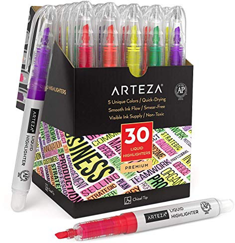 ARTEZA Textmarker Set, 30 bunte Leuchtmarker mit schmaler Keilspitze, Textsurfer zum Notieren und Markieren im Klassenzimmer und im Alltag