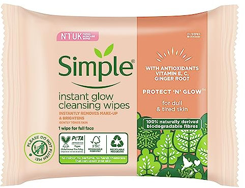 Simple Protect ‘N’ Glow Instant Glow Biodegradable Wipes dermatologically tested for sensitive skin 20 wipes