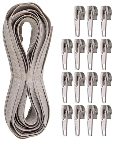 Endlos Reißverschluss, 330 cm Gesamtlänge, Größe #5, Grau, nicht teilbar, Breite 32 mm, Zahnbreite 6,5 mm, Set mit 15 x Metall RV Schieber Laschen, Reissverschluss Spirale mit Anhängern DIY Kit
