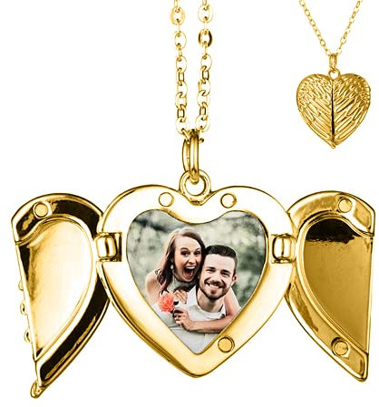 TOFBS Bilder Medaillon zum öffnen mit Kette Herz Engelsflügel Damen Personalisierte Halskette Amulett Anhänger mit Foto Schmuck (Gold)