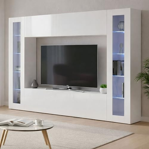 Dmora Parete Attrezzata Luigi 30x260x180h cm Bianco Lucido 11 Ripiani 14 Vani, 4 Ante Made in Italy