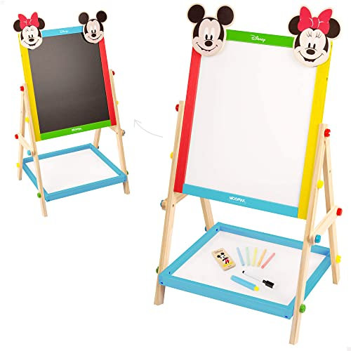 WOOMAX Disney - Minnie e Topolino Lavagna in legno per bambini, misura 37,5 x 65 cm, Lavagna doppia faccia, con gessetti, gomma e pennarello nero, lavagna per bambini, 4 anni (48739)