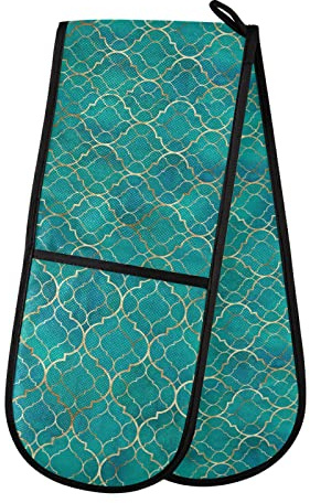 Seamless Green Teal Moroccan Tiles with Golden Gold Geometric Double Oven Mitt Gloves Extra Long Potholder High Heat Resistant for Baking Cooking Baking Grilling Handling Hots Pans 35x7