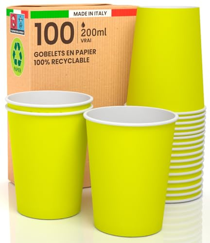100 pappersmuggar, 200 ml, miljövänlig, biologiskt nedbrytbara, engångs tillverkade i Italien, Asporto, varma drycker, färgglada, gul, tillverkade och förpackade i Italien