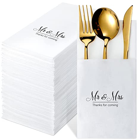 100 Pcs Wedding Napkins for Reception with Built-in Flatware Pocket Mr and Mrs Prefolded Cloth Like Disposable Napkin for Silverware Wedding & Bridal Shower Engagement Party Events Decorations