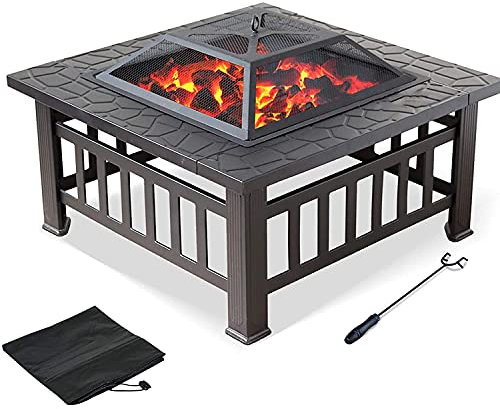 Samnuerly 32-Zoll-Feuerstelle für den Außenbereich, quadratische Feuerstelle aus Metall, Terrassenofen, Holzofen, BBQ-Grill, Feuerstelle, Schüssel mit Funkensiebabdeckung, Schürhaken