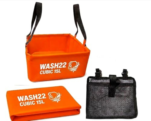 WASH22 Cubic 15L Collapsible Camping Washing Up Bowl, Wash Basin & Bucket with Mesh Storage Bag – Foldable Sink for Campervan, Caravan & Motorhome – Orange