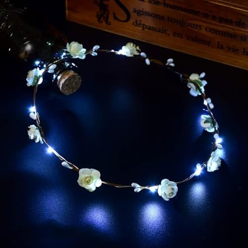 Haarband mit LED-Licht, für Damen, Blumenmädchen, leuchtend, blinkende Krone, Haarkranz für Mädchen, Frauen, Hochzeit, Festival, Weihnachten, Neujahr, Party (weiß)