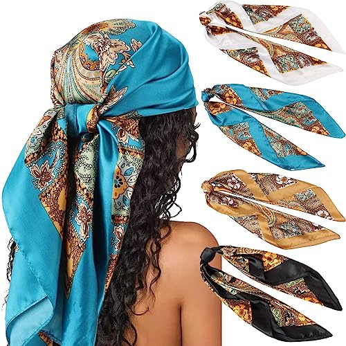 DRESHOW 4 Styck Square Satin Headscarves Hårtorkar Silk Accessories Classic Patterned Beach Bandanas för Kvinnor