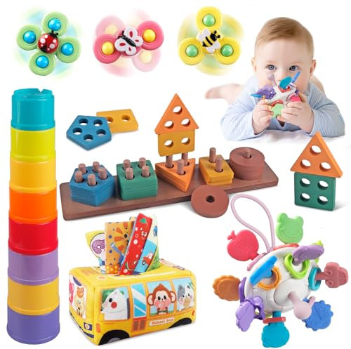 TingingYuli Baby-Spielzeug für 6 bis 12 Monate, 5 in 1 Montessori-Spielzeug, Taschentuchbox, Beißspielzeug, Stapelbecher, Holzsortier- und Stapelspielzeug, Saugnapf-Drehscheiben-Spielzeug