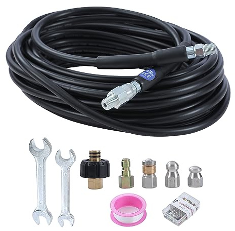 AIM Tools Hochdruckreiniger Rohrreinigungs-Set, Ablaufschlauch 15 m (50 ft), 5800 PSI, 1/4 NPT, M22 14 mm Anschluss, mit Eck-Rotationsdüse und Knopfdüse für Abflussreinigung