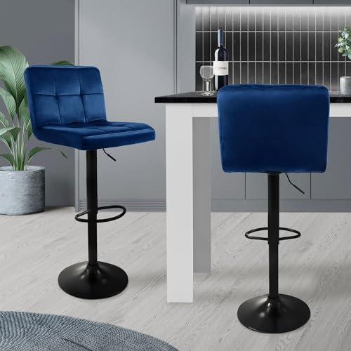 ML-Design Barhocker 2er Set, Bezug aus Samt, Blau, Gepolsterter Barstuhl mit Rückenlehne und Fußstütze, Tresenhocker höhenverstellbar 63-83cm, 360° drehbar, Bistrohocker Hocker Drehstuhl Barstühle