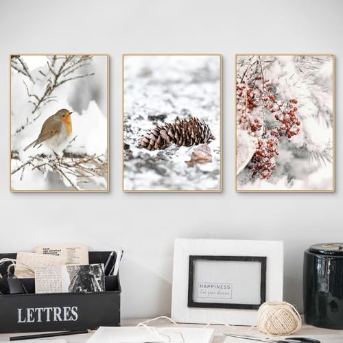 CULASIGN 3 Stück Premium Poster Set, Winterlandschaft Wandbilder, Winter Bilder Holzhaus,Tannenzapfen,Tiger, Deko für Wohnzimmer Schlafzimmer, Ohne Rahmen (ABC,30x40cm)