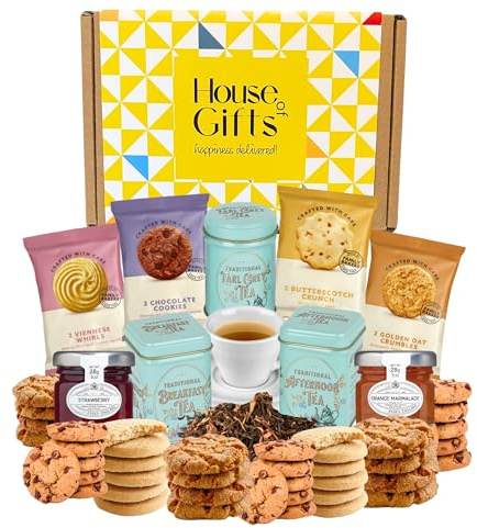 Tea Gift Set Hamper with Strawberry Jam & Marmalade Pots With Border Biscuits, Afternoon, Breakfast & Earl Grey Loose Tea in Mini English Tea Tins | Gift Hamper for Special Occasions
