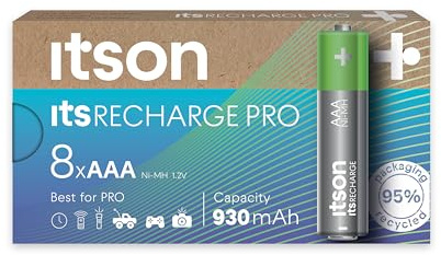 ITSON, Akkus AAA, PRO, 8 Stück, leistungsstarke wiederaufladbare Akkus, Kapazität mit min. 930 mAh, Verpackung 95% recycelt, Made in Japan, am besten für Spielcontroller, Kinderspielzeuge