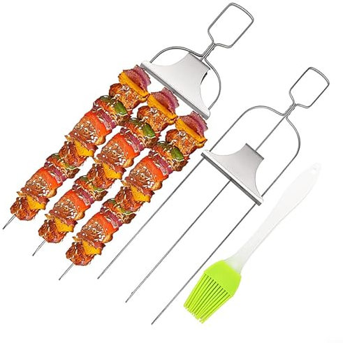 2 pinchos de metal para barbacoa, acero inoxidable de 3 puntas, pinchos de 3 puntas de 14 pulgadas con cepillo de aceite para asar