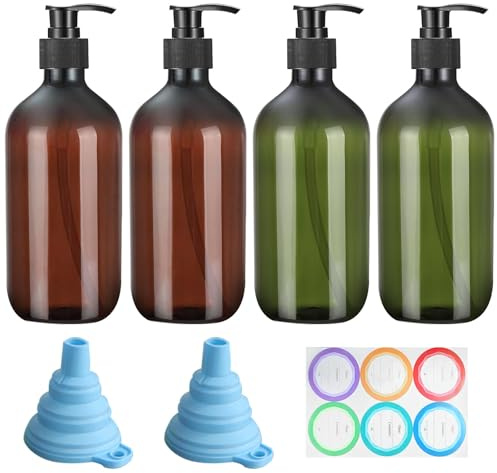 GAOHAN 4 Pack Pump Bottle Dispenser 500ml Refillable Bottle(2Green+2Brown) | Plastic press-top dispenser bottle,Refillable Amber Bottle with Funnel, Pump and Label for Lotions, Shampoo, Conditioner
