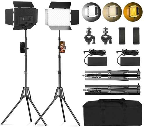 Soonpho 2-Pack LED Foto Video Light Set Barn Dörrpanel 2800-6500K Dimbar 20W Fotografi Studio Videobelysning med 1,6 m Stativ och Mobilhållare för YouTube