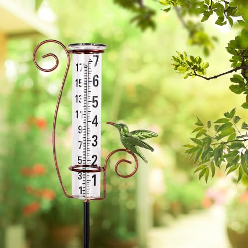 Venniy Regenmesser für den Außenbereich, Kolibri-Regenmesser, Glas, dekorativer Regenmesser mit Metallpfahl für Garten, Hof, Rasen