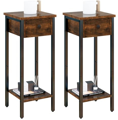IBUYKE TMJ417H-2 - Set di 2 comodini stretti, tavolino alto con un cassetto, piedini regolabili, 25 x 25 x 71 cm, stile vintage, per soggiorno e camera da letto, colore marrone