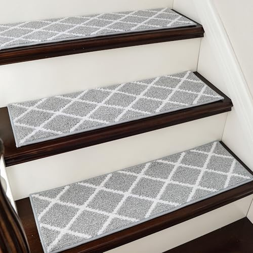 COSY HOMEER 15 Stück Treppenstufen Matten, 70 x 22cm Anti Rutsch Stufenmatten Selbstklebend, Maschinenwaschbar, 100% Polyester, TPE-Rücken, Ideal für Kinder, Senioren und Haustiere, Grau Weiß