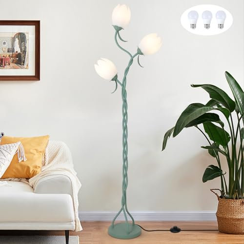 Stepeak Lámparas de pie de flores para sala de estar, lámparas estándar modernas con bombillas e interruptor de pie, lámpara de pie de 3 luces con pantallas de flores de tulipán, lámpara de pie alta
