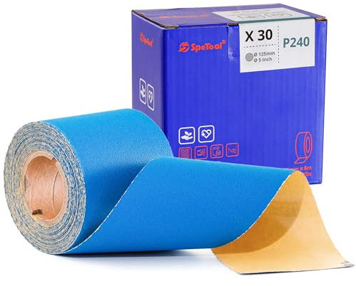 SpeTool Schleifpapier Rolle 70 mm x 8 m Schleifpapier 240 Körnung PSA Keramik Langbahn Schleifpapierrollen Aluminiumoxid-Selbstklebendes für Autos Handschleifblöcke Holz Metall Kunststoff