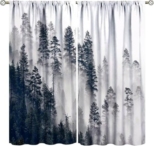 Vorhang Blickdicht Gardinen Mit Ösen - 2 Stücke 170(B) X 200(H) cm Verdunklungsvorhänge 3D Alpine Waldlandschaft Muster Thermovorhang Für Kinderzimmer Schlafzimmer Weihnachtsgardinen-91726740782734