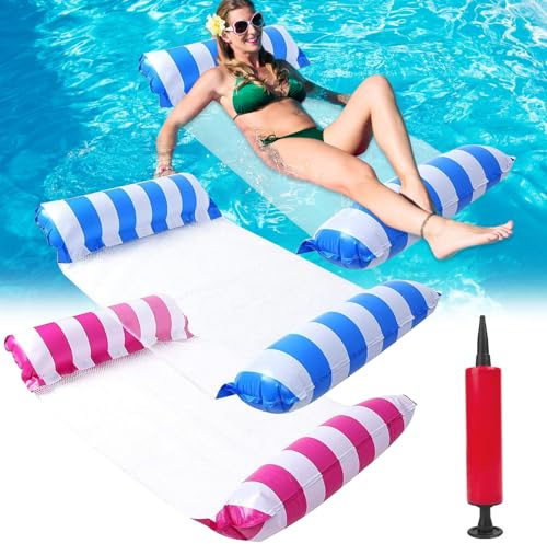 2 Stück Luftmatratze Pool, 4 In 1 Aufblasbare Schwimmbett,Aufblasbare Wasserhängematte Schwimmbett, Schwimmmatratze mit Manueller Luftpumpe und Kühlnetz, Wasserspielzeug Für Erwachsene
