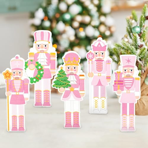 Haooryx Christmas Tiered Tray Centerpiece - 5Pcs Pink Nutcracker Soldier Figure Wooden Sign Merry Christmas Winter Holiday Birthday Xmas Party Snowman Wooden Table Topper Decor Decorations Supplies