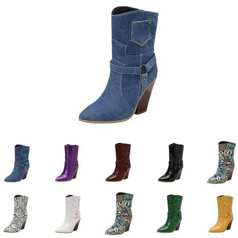 Högklackade ankelstövlar blockklack – cowboystövlar dam läder – västerländska stövlar spetsiga tåparti halvstövlar färgglada ridstövlar lång skaft slip-stövlar eleganta PU-lärande stövlar, blå, 38 EU