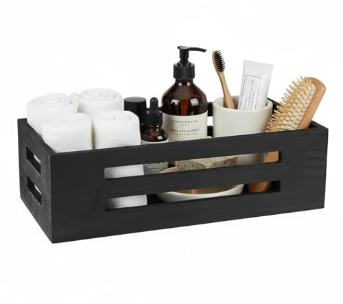 Punorric Wooden Toilet Paper Basket, Black Bathroom Storage Basket with Handle, Toilet Paper Organiser Tray for Bath, Bathroom Accessories Holder for Home Kitchen Organisation and Decor