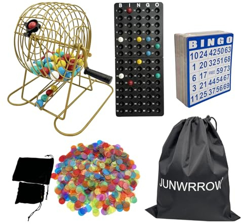 JUNWRROW Deluxe-Bingo-Set – inklusive goldenem Metallkäfig mit Aufbewahrungstasche, 100 gemischte Karten, 600 bunte Chips, 75 Calling-Bälle, Masterboard und 2 Samtbeutel für Partys, Klassenzimmer
